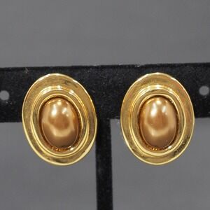 Carolee Signed Gold Tone Clip On Earrings Brown Cabochon Oval Statement Vintage
